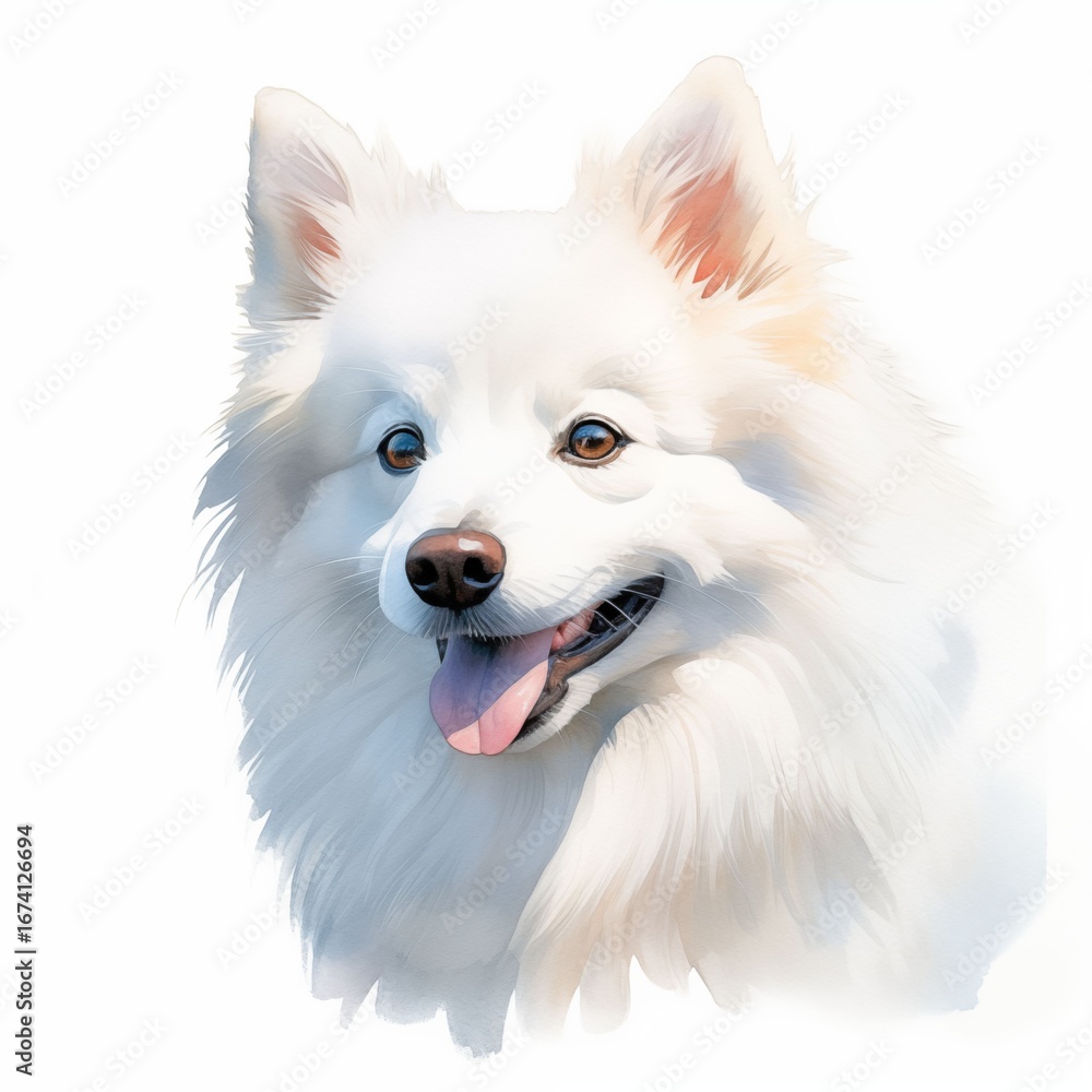 The illustration shows a close-up of a small white dog's head, the dog has fluffy fur, and its tongue is slightly out