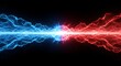 © Tri - Intense abstract visualization of vibrant blue and red lightning bolts colliding with immense power, generating a dramatic electrical discharge on a dark background