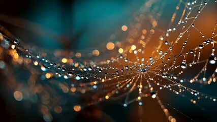 Close-up of intricate spider web adorned with glistening dew drops in a vibrant, atmospheric setting