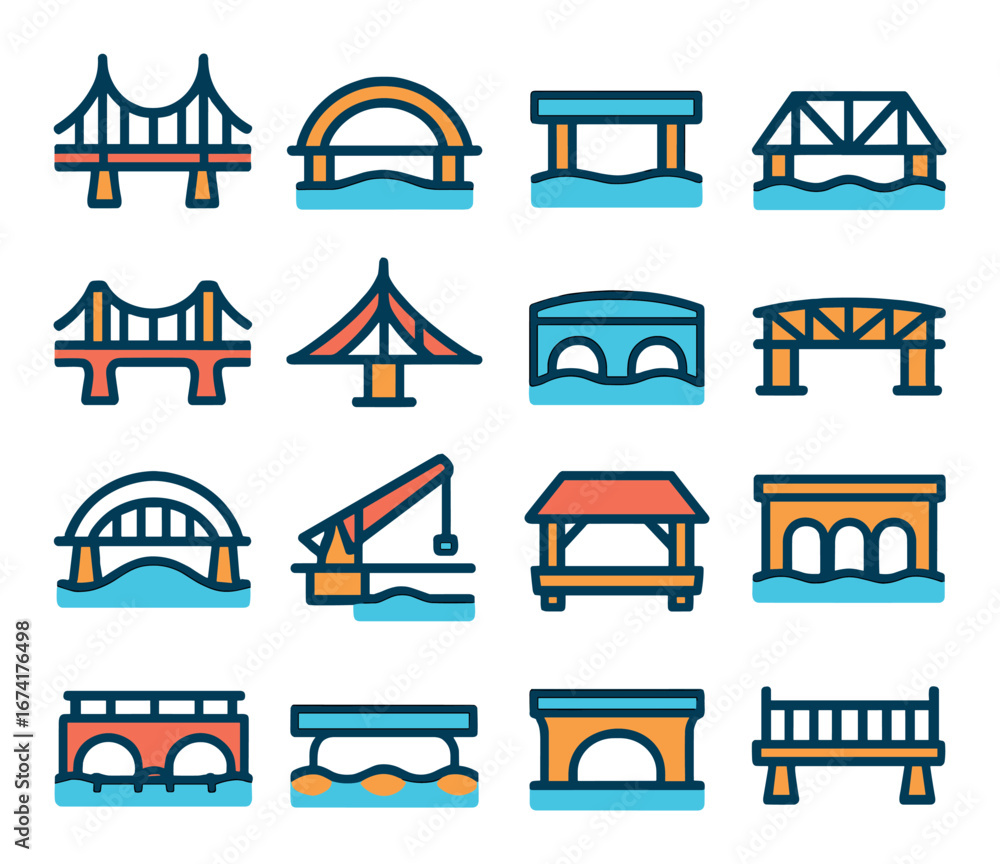 Structural Bridge Design Icon Neon linear bridge icons set featuring suspension, arch, beam, truss ...