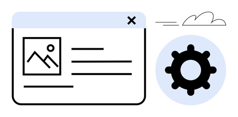 Web browser window with image and text layout, gear denoting settings, flying cloud element. Ideal for technology, usability, web design, optimization, settings interface management. Simple flat
