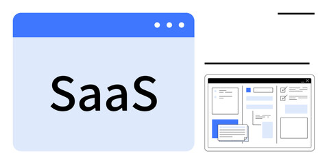 Web browser window labeled SaaS next to a detailed interface mockup. Ideal for software development, SaaS solutions, cloud computing, digital tools, web design, user experience, and tech services in