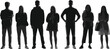 ©  Creative vectors - Silhouettes of diverse people in line, modern clothing style, dramatic lighting, black and white illustration, anonymity, urban concept, isolated background