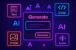 © DailyStock - AI content generation interface with icons for text image audio and code on a dark background artificial intelligence