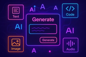AI content generation interface with icons for text image audio and code on a dark background artificial intelligence