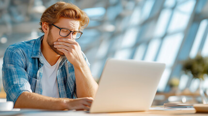 A concentrated professional man wears glasses focused on computer work in a modern office environment with natural light