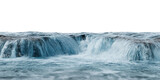 Dynamic clear blue water cascades over dark rocks, creating a natural waterfall effect on a transparent background.