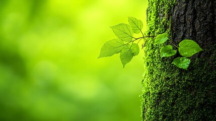 fresh green leaves growing on tree bark with moss and lichen in nature