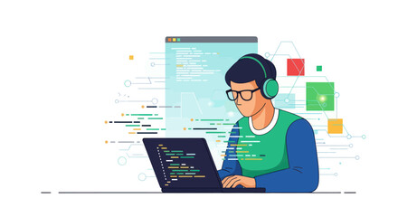 Concentrated developer with headphones immersed in coding on laptop illustration