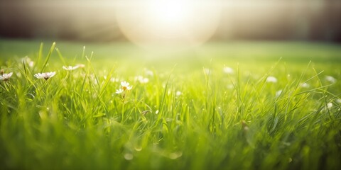 Wall Mural - Sunlit green meadow with fresh grass and daisies in soft focus, warm bokeh and golden glow. Peaceful, uplifting mood, ideal background for wellness, eco, and nature branding or campaigns