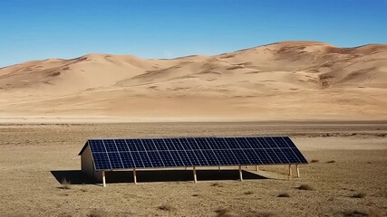 A Solar Array Structure Sits Isolated in a Barren Desert Under a Clear Blue Sky