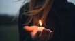 © LUPACO IMAGES - Hand holding a lit candle with a bright flame at dusk