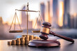 © rifatstock - Justice and financial balance depicted with scales of justice, gavel, and coins. AI Generated