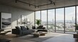 © abdul - Modern Living Room with Large Floor to Ceiling Windows and City View