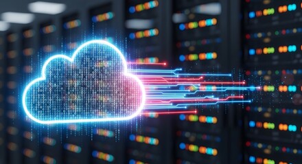 Cloud data storage and internet technology. Futuristic glowing binary code cloud with digital servers. High speed connection and online resources system.