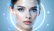 © Linggar - A close-up of a woman's face with futuristic light graphics overlayed in glowing blue
