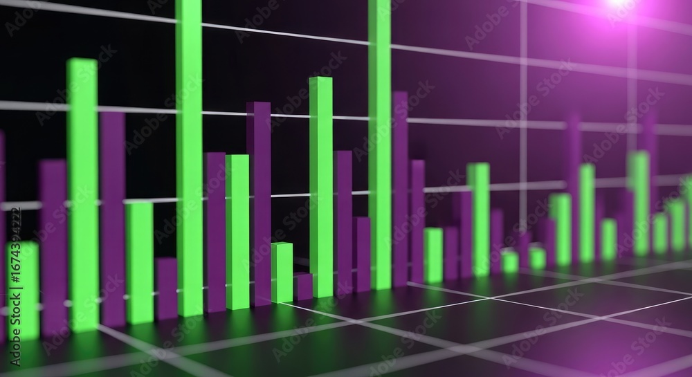 Abstract 3D Green and Purple Bar Chart on Grid with Transparent ...