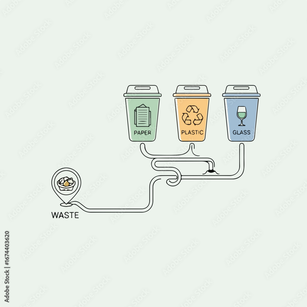 Conceptual waste management system with bins sorting different types of ...