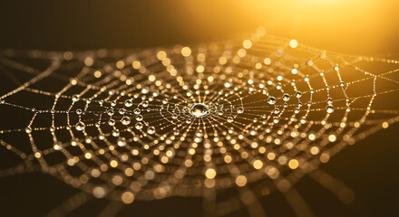 Spiderweb with glistening dew drops in golden morning light, natures intricate network macro shot