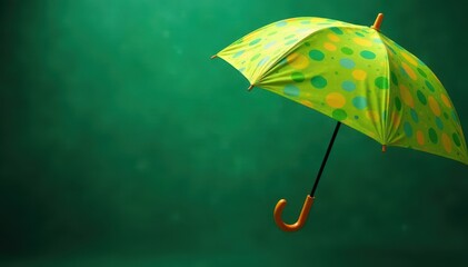 Wall Mural - Green and yellow polka dot umbrella, rain drops , design, scene, happy