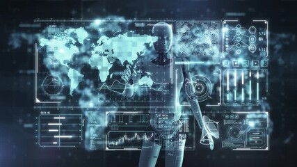 Sticker - robot working with virtual interactive interface with world map