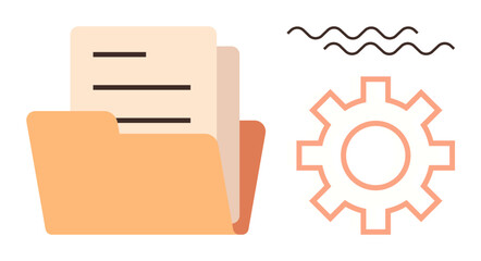 Folder with papers, gear, and wavy lines emphasizing digital organization, settings, workflow design. Ideal for data management, processes, software tools, efficiency systems productivity simple