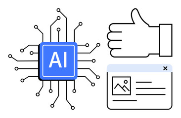 Wall Mural - AI chip with connected nodes, thumbs-up gesture, and a basic website interface. Ideal for AI technology, digital approval, feedback, machine learning, web design, innovation and simple landing page
