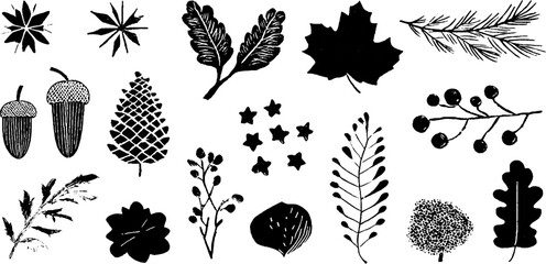 Wall Mural - Autumn and winter linocut seamless pattern with leaves, acorns, and stars for design