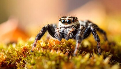 Jumping Spider Close Up with Macro Nature, Bokeh Background, and Arachnid.
