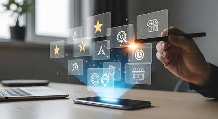 Digital marketing concepts floating above smartphone
