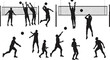 © Mim's World - Silhouette volleyball players jumping, blocking ball over net, competitive team sport, outdoor game activity, male athlete action, fitness training, dynamic motion illustration