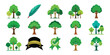 © mdkamran - Collection of Green Tree Illustrations with Feather and Ribbon Badge Elements