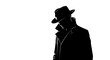 © Hassan - Silhouette of a man in a fedora and trench coat against a white background in a noir style