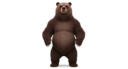 A brown bear standing upright with paws and claws visible against a white background in a studio shot