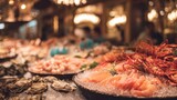 Closeup medium shot of an elaborate seafood stall featuring vibrant shellfish and crustaceans on crushed ice with a softly blurred luxurious market ambiance behind.