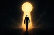 © Jelena - Silhouette figure approaching illuminated golden keyhole doorway representing breakthrough moment and unlimited possibilities ahead
