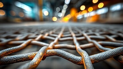 Macro shot of metallic wire mesh with woven patterns and textured surfaces in sharp focus, representing industrial materials and architectural structural elements.
