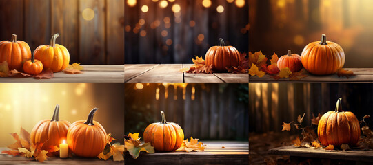 Wall Mural - Collection set of pumpkins and autumn leaves on wood with bokeh lights and copy space, fall and halloween backgrounds