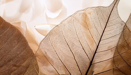 Wall Mural - nature abstract of flower petals beige transparent leaves with natural texture as natural background or wallpaper macro texture neutral color aesthetic photo with veins of leaf botanical design