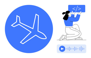 Person creating software code with airplane graphic, representing travel app or innovation. Audio player highlights multimedia integration. Ideal for travel, technology, coding, innovation