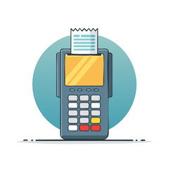 Point of sale terminal with yellow screen and buttons emitting a printed receipt for cashless transaction.