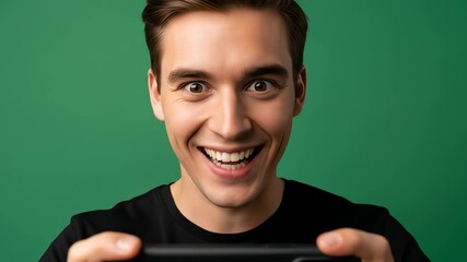 Excited Young Man Using Mobile Phone Against Green Background