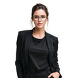 © Kunut - Confident woman wearing glasses and black blazer poses elegantly, showcasing professional appearance and modern style