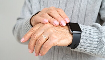 Mature individual with wrinkled hands using a contemporary digital timepiece for connectivity and daily activity tracking