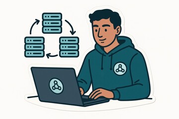 Young male programmer engaging with digital data transfer concepts presenting server integration and cloud computing dynamics in a modern tech environment captured with clarity