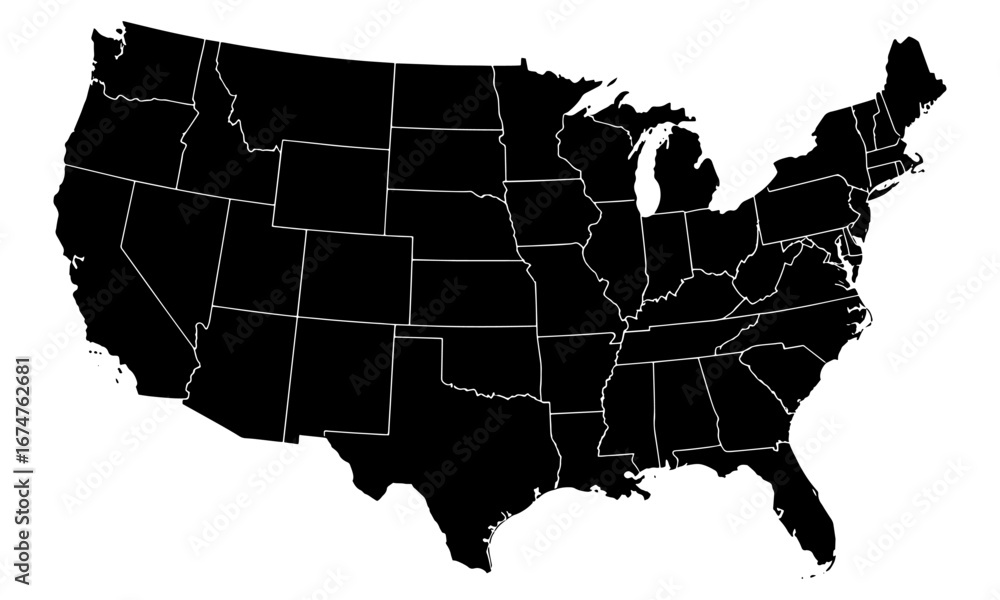 United States Map A Detailed Black and White Illustration of the 50 ...