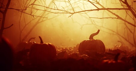 Wall Mural - Halloween pumpkins in mysterious wilderness covered in smoke and fog. Dramatic orange smoky atmosphere around bare branches and pumpkin in deserted woodland for spooky Halloween background.