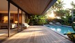 © ernawatima - A luxurious teak wood interior patio with elegant lounge chairs, warm ambient lighting, and lush greenery, overlooking a tropical sunset and infinity pool, blending indoor comfort with outdoor beauty.