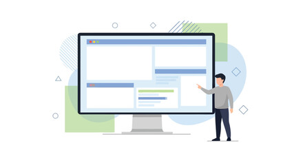 Businessman presenting a new website interface on a computer screen. Flat vector illustration for UI UX design and web development