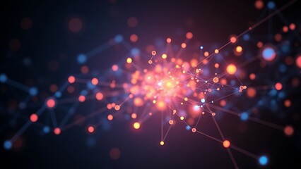Abstract network of glowing nodes and connections in blue and orange floating in space.
